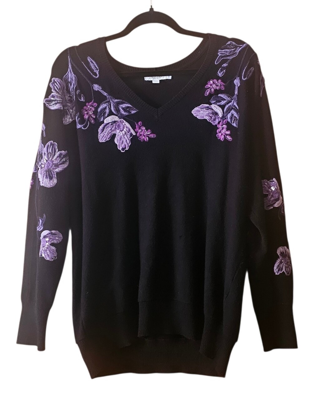 Chico’s Black Embroidered Sweater Women’s Large Purple Floral Beaded Top